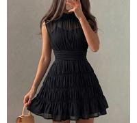 Abito nero in chiffon con vita arricciata, senza maniche, elegante e romantico, stile francese, per vacanze, estate, ritorno a scuola e ballo di fine anno per donne L,M,S,XL,XS,XXLColore unicoTessuto 