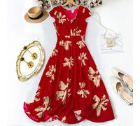 Abito nero romantico, slim fit, con vita segnata, scollo a V e stampa floreale, adatto a taglie comode, per la primavera/estate 0XL,1XL,2XL,3XL,4XLFloreale,Piante,stampa dappertuttoTessuto intrecciato