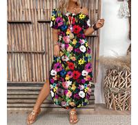 Abito oversize con decorazione a fibbia metallica, stampa floreale 3D e dipinto ad olio colorato, scollo monospalla 0XL,1XL,2XL,3XL,4XLPiante,stampa dappertuttoTessuto in maglia