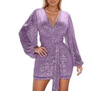 Abito Paillettes Donna Curvy - Sexy da Manica Lunga Scollo A V Arricciato Vita Impero Paillettes Scintillanti Attillato Mini Abiti da Cocktail Corto (Purple S)