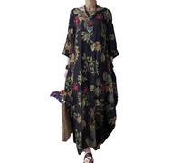 Abito Patchwork Floreale retrò a Collo Tondo con Maniche Lunghe e Ampia Gonna Lunga Swing per Le Donne, vestibilità Loose e Dimagrante con Maniche a Tre Quarti e Gonna A-Line