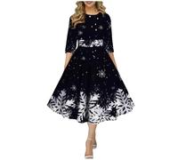 Abito per il tempo libero, da donna, per l'autunno, per l'inverno, elegante, con stampa retrò a fiocchi di neve, in un abito lungo con scollo rotondo a mezza lunghezza, Nero , 3XL