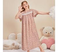Abito Pigiama Lungo Con Stampa Floreale, Collo A Giro Carino E Largo Per Ragazze Adolescenti 8Y,9Y,10Y,11Y,12YPiante,FiorelliniTessuto intrecciato