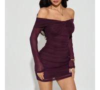 Abito plissettato annodata con spalle scoperte in rete, taglio aderente, maniche lunghe, perfetto per un appuntamento romantico. Adatto per figure minuta. Indossabile per Capodanno, Ringraziamento, ab