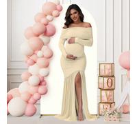 Abito premaman a maniche lunghe con spalle scoperte, colore unito con patchwork in rete e spacco sull'orlo, abito premaman per feste e servizi fotografici autunnali L,M,S,XLColore unicoTessuto in magl