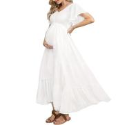 Abito prémaman in Tessuto Swiss DOT a Pois, con Scollo a V, Maniche a Volant, per Servizi fotografici, Baby Shower, Abito da Gravidanza, a Balze, con Punto Smock, B Bianco., M