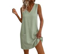 Abito prendisole da donna UK con scollo a V, senza maniche, tunica con tasche, mini abito estivo da donna, per vacanze, prendisole corte in cotone simile al lino, abito casual da donna, Verde, L