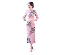 Abito Qipao da donna cinese Cheongsam pavone stampato elegante a maniche lunghe per feste primaverili estive e abbigliamento casual quotidiano bianco taglia M (L rosa)