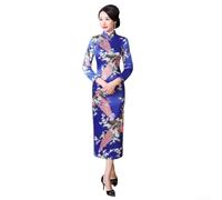 Abito Qipao da donna cinese Cheongsam pavone stampato elegante a maniche lunghe per feste primaverili estive e abbigliamento casual quotidiano bianco taglia M (2XL blu scuro)