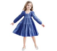 Abito Ragazza Manica Lunga Ragazza Abito Con Lunghe Maniche In Cotone Scollo Quadrato E Gonna A Gradini Per Il Tempo Libero E Occasioni Speciali, 01-blu, 120