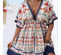 Abito retrò a maniche a sbuffo con vita segnata, scollo a V e stampa floreale, di moda per la primavera e l'estate 0XL,1XL,2XL,3XL,4XLFloreale,Tribale,Piante,stampa dappertuttoTessuto intrecciato