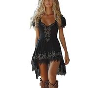 Abito retrò con scollo a V e maniche corte per le donne vintage western country abiti bohemian chic abito da festa spiaggia di grandi dimensioni gotico gonna abito occidentale stile cowboy, Nero , M