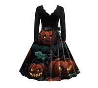 Abito rinascimentale Burnout scollo a V stampa Hepburn vintage svasato abito elegante stile gotico regali per feste di Halloween, 04# Arancione, M