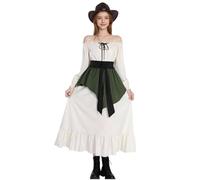 Abito rinascimentale con spalle scoperte, abito medievale con volant, tasca e grembiule, corsetto vittoriano, per carnevale e feste di Halloween (bianco, L)