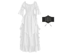 Abito rinascimentale da donna gotico da strega medievale con volant vittoriano, abito alto basso con cintura a corsetto, bianco, L/XL
