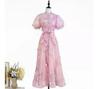 Abito Romantico Rosa Con Fiori In Rilievo E Maniche Corte A Palloncino CF47186