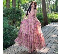 Abito Rosa Lungo Con Gonna A Balze E Scollo Profondo Stile Boho Estivo CF48792