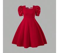 Abito rosso di moda per ragazza, design con perline sulle maniche, fiocco sulla schiena, linea ad A, elegante e adatto per la stagione scolastica, abbigliamento per tutte le stagioni 6Y,7Y,4Y,5YColore