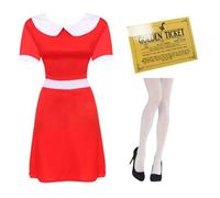 Abito rosso per adulti con colletto bianco, biglietto dorato e collant bianchi, set classico da donna, ideale per la settimana del libro, travestimento, Halloween e spettacoli scolastici, taglia L