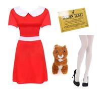Abito rosso per adulti con colletto bianco, biglietto dorato, scoiattolo peluche 20,3 cm e collant bianchi, set classico da donna, ideale per la settimana del libro, travestimento, Halloween e