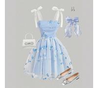 Abito semplice da ragazza adolescente con rete decorativa e ricami floreali, stile boho, casual con contrasto in rete, spalline annodate, vestibilità regular, abiti corti estivi, per uso quotidiano 14