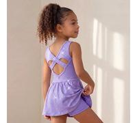 Abito senza maniche aderente minimalista per ragazze giovani, rosa fresco, viola e argento con foil, delicato sulla pelle, con design a croce traforata sulla schiena, abbinato a leggings con tasche, a