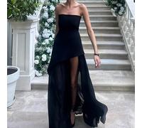 Abito senza maniche con patchwork in rete, orlo svasato, colore unito, alla moda per l'estate, formale, abito da festa, abito da sera, per invitati a matrimoni, primavera, nero, autunno L,M,S,XSColore