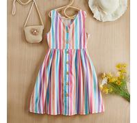 Abito senza maniche in tessuto intrecciato a righe colorate per ragazze adolescenti, ideale per la stagione primavera/estate e stile casual 8Y,9Y,10Y,11Y,12YRighe di arcobalenoTessuto intrecciato