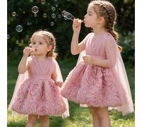 Abito senza maniche rosa polvere per neonata con ricamo floreale 3D e mantella in tulle staccabile, adatto per la festa del primo compleanno e per la damigella d'onore 6-9M,9-12M,12-18M,18-24M,2-3YCol