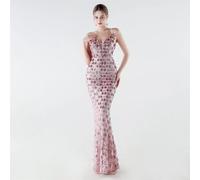 Abito Sera Sirena Romantico Paillettes Scollatura Profonda Evento Rosa CF61197