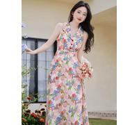 Abito Smanicato Lungo Rosa Floreale Elegante Primavera Estate Cerimonia CF45290