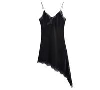 Abito sottoveste da donna in raso con orlo asimmetrico in seta con spalline sottili in seta Y2k spacco laterale senza schienale taglio basso scollo a V, Nero , S
