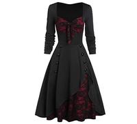 Abito Steampunk Gotico da Donna, Taglia Forte, a Manica Lunga, Vintage, Stile Rockabilly, A Linea, Swing, Midi, Abito da Tè, da Sera, da Festa, da Cocktail, Abiti Anni 50 per Donne, Rosso, 4XL