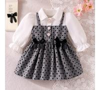 Abito stile 2 pezzi primavera/autunno per ragazze, camicia bianca con grembiule a pois, design con fiocco + spalline, elegante e dolce, adatto per uso quotidiano / feste / asilo, comodo e versatile 6-