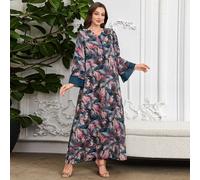 Abito stile arabo con scollo a V profondo, bottoni frontali, in chiffon con patchwork e stampa all-over, modesto L,M,S,XLFloreale,Piante,stampa dappertuttoTessuto