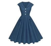 Abito stile Audrey Hepburn per ragazze adolescenti con maniche ad aletta e bottoni a V abiti svasati con colletto e tasche con fiocco casual slim fit e svasato abito svasato elegante abito da ballo di