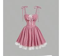 Abito stile romantico e carino a quadri rossi e bianchi, stile campagna, decorato con fiocco, volant, pizzo, vita a V, adatto per vacanze, picnic, appuntamenti, San Valentino, vacanze, compleanni, Mar