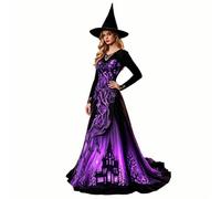 Abito Strega Halloween Cappello Castello Stregato Coda Lunga Costume Festa | Abito Donna Strega Verde Castello Stregato Maniche Lunghe Coda Cappello Gotico Halloween Costume Festa Punto Luci Moda Top