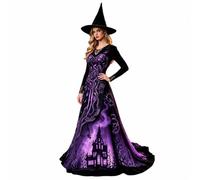 Abito Strega Halloween Cappello Castello Stregato Coda Lunga Costume Festa | Abito Donna Strega Verde Castello Stregato Maniche Lunghe Coda Cappello Gotico Halloween Costume Festa Punto Luci Moda Top