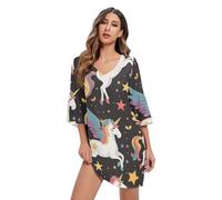 Abito svasato in chiffon nero con scollo a V con maniche a 3/4 e unicorno in stile cartone animato, taglie S-XXL, Simpatico unicorno nero, L