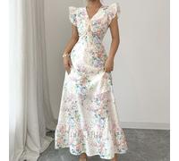 Abito swing elegante da donna a vita alta con stampa floreale, ricamo traforato e coulisse sulle maniche corte, adatto per la primavera e l'estate L,M,S,XLPiante,stampa dappertutto,Stampa CasualeTessu