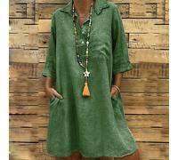 Abito swing sciolto in lino cotone grigio con manica a 3/4 da donna taglia plus