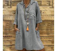 Abito swing sciolto in lino cotone grigio con manica a 3/4 da donna taglia plus
