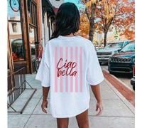 Abito T-shirt da donna bianco con scollo rotondo e maniche corte, stampato con il testo "Ciao Bella", design a righe larghe sulla schiena, stile street festa, stile Y2K per uso esterno L,M,S,XL,XS,XXL