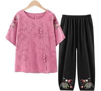 Abito Tang da Donna Hanfu Abbigliamento Tradizionale Cinese Adulto Vecchio Tai Chi Uniforme per Le Donne Arti Marziali Abbigliamento Kung Fu Manica Corta Cappotto E Pantaloni, Pink, XL