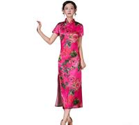 Abito tradizionale da donna in stile Qipao, a maniche corte, con stampa peonia cinese, Cheongsam per abbigliamento casual e festivo (3XL rosa)