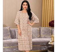 Abito tradizionale elegante per il Ramadan 2026, abito arabo da donna con ricami in oro di lusso, manica 3/4 e collo rotondo JALABIA L,M,XL,XXLstampa dappertuttoTessuto intrecciato