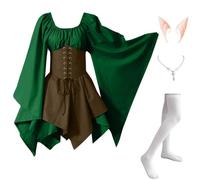 Abito Tradizionale Irlandese da Donna Medievale Vintage Costumi Di Halloween Elegante Vittoriano Vestito Da Steampunk Curvy Rinascimentale con Orecchie da Elfo, Collana, Calze Sopra il Ginocchio