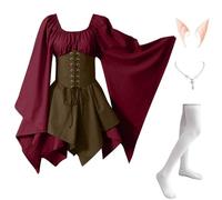 Abito Tradizionale Irlandese da Donna Medievale Vintage Costumi Di Halloween Elegante Vittoriano Vestito Da Steampunk Curvy Rinascimentale con Orecchie da Elfo, Collana, Calze Sopra il Ginocchio