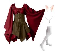 Abito Tradizionale Irlandese da Donna Medievale Vintage Costumi Di Halloween Elegante Vittoriano Vestito Da Steampunk Curvy Rinascimentale con Orecchie da Elfo, Collana, Calze Sopra il Ginocchio